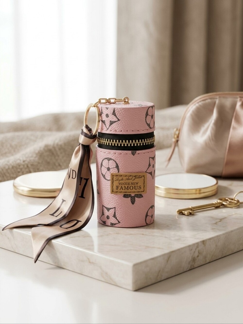 Pink Cylindrical Accessories Case Keychain with Scarf Accent